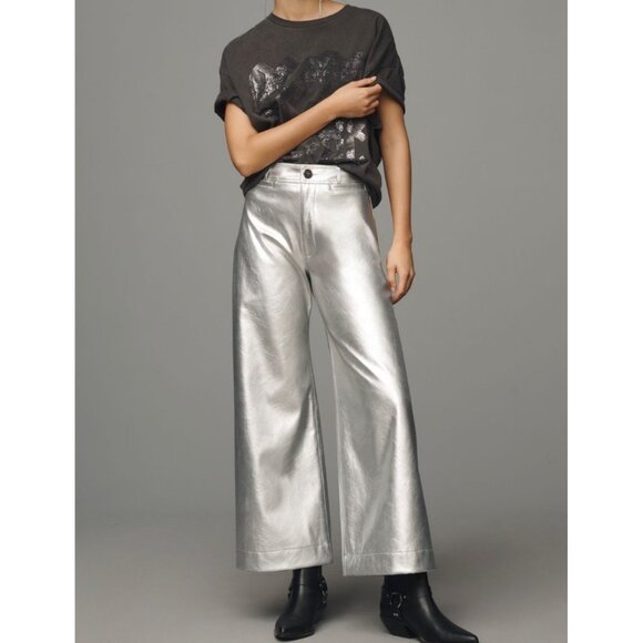 Maeve The Ettie High Rise Crop Wide-Leg Pants Metallic Faux-Leather Size 26 - Picture 4 of 7